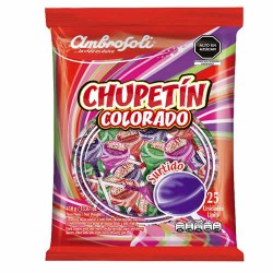 AMBROSOLI "CHUPETIN COLORADO" -  ASSORTED CANDIES LOLLIPOPS , BAG X 25 UNITS