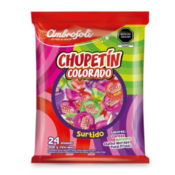 AMBROSOLI CHUPETIN COLORADO LOLLIPOPS ASSORTED FLAVORS , BAG X 24 UNITS