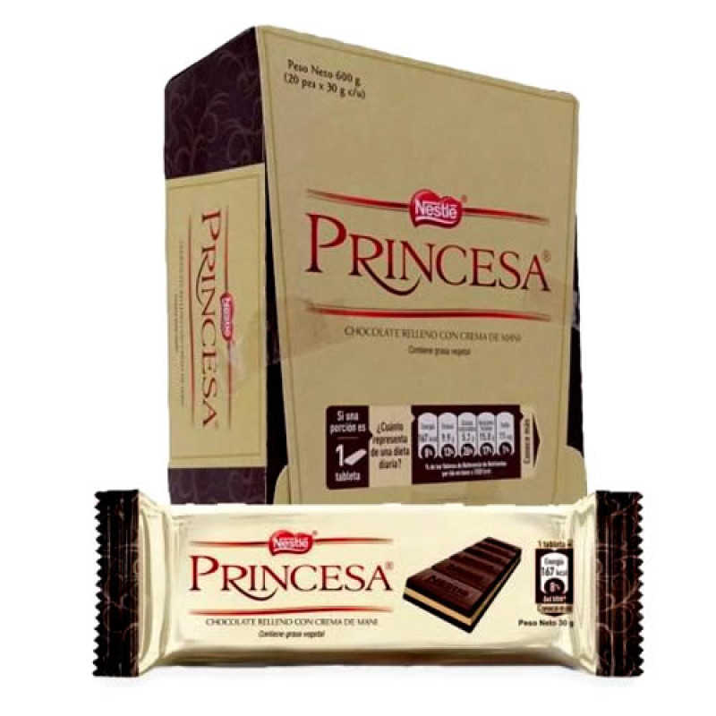 PRINCESA -  CHOCOLATE BARS STUFFED PEANUT CREAM , BOX OF 18 UNITS