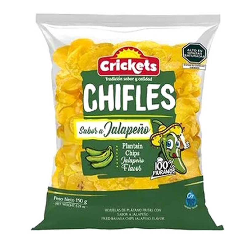 CRICKETS "JALAPEÑO" PLANTAIN CHIPS CHIFLES SNACKS PIQUEO, BAG X 150 GR