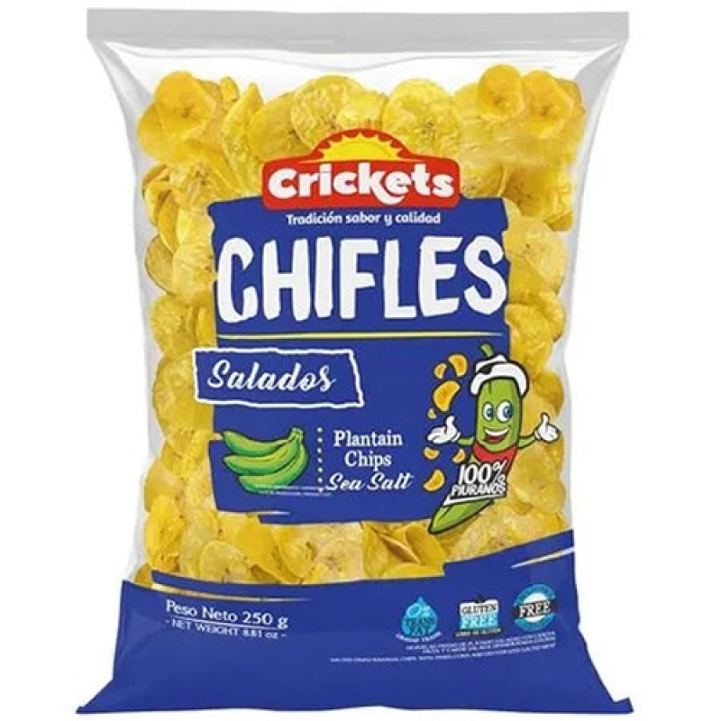 CRICKETS PLANTAIN CHIPS SALTED CHIFLES SNACKS PIQUEO, BAG X 250 GR