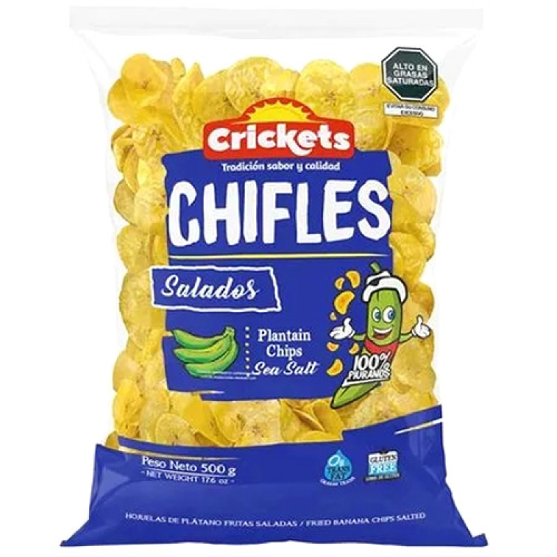 CRICKETS PLANTAIN CHIPS SALTED CHIFLES SNACKS PIQUEO, BAG X 500 GR
