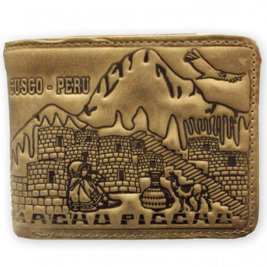 PERUVIAN ANDEAN WALLET MADE OF LEATHER - "MACCHU PICHU" IMAGE